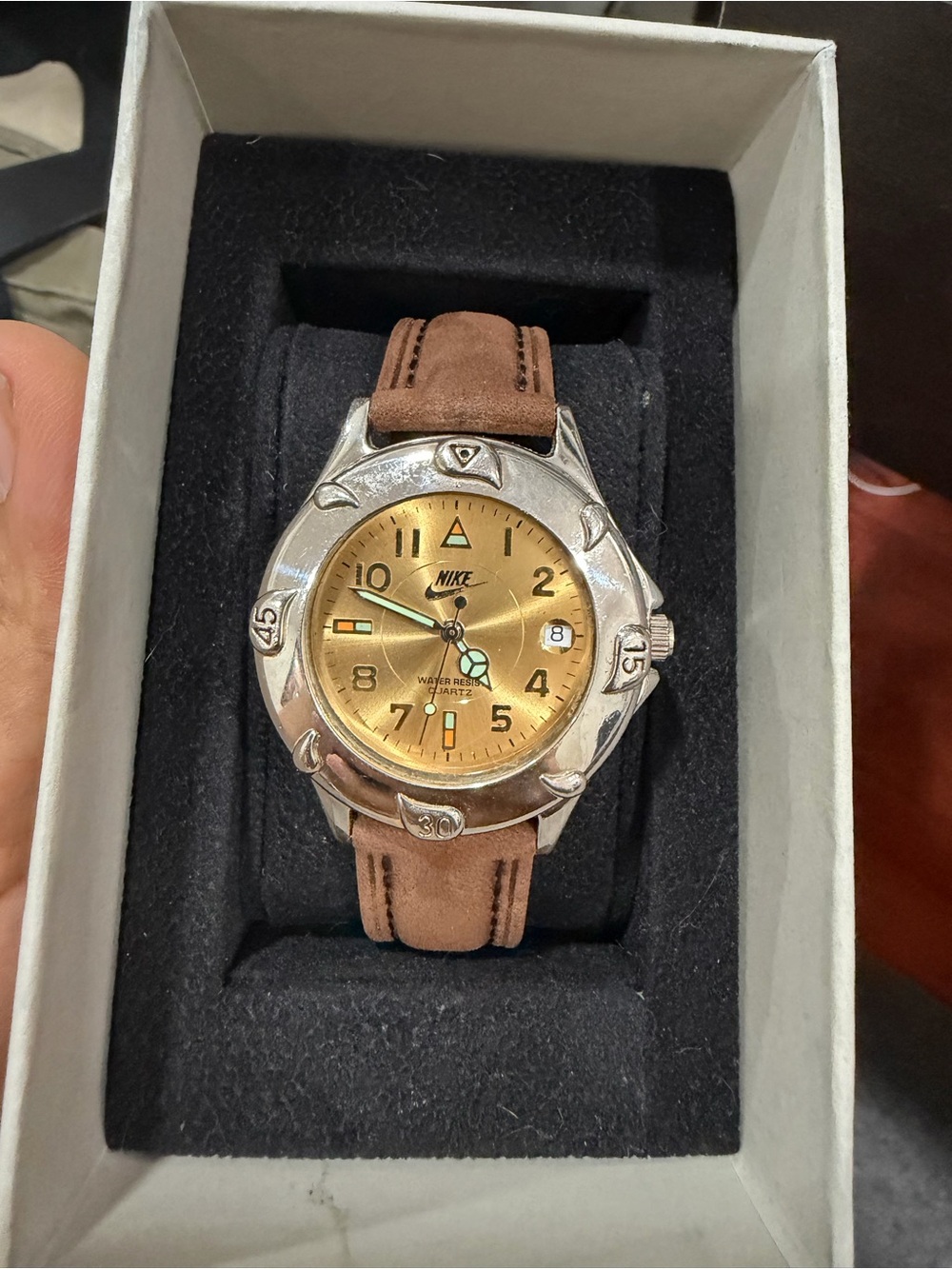 Vintage Nike Gold Dial Watch with Brown Leather Strap